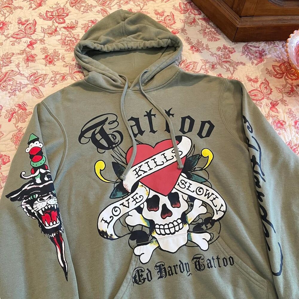 Ed-hardy Women's Green and Khaki Hoodie - Picture 2 of 4